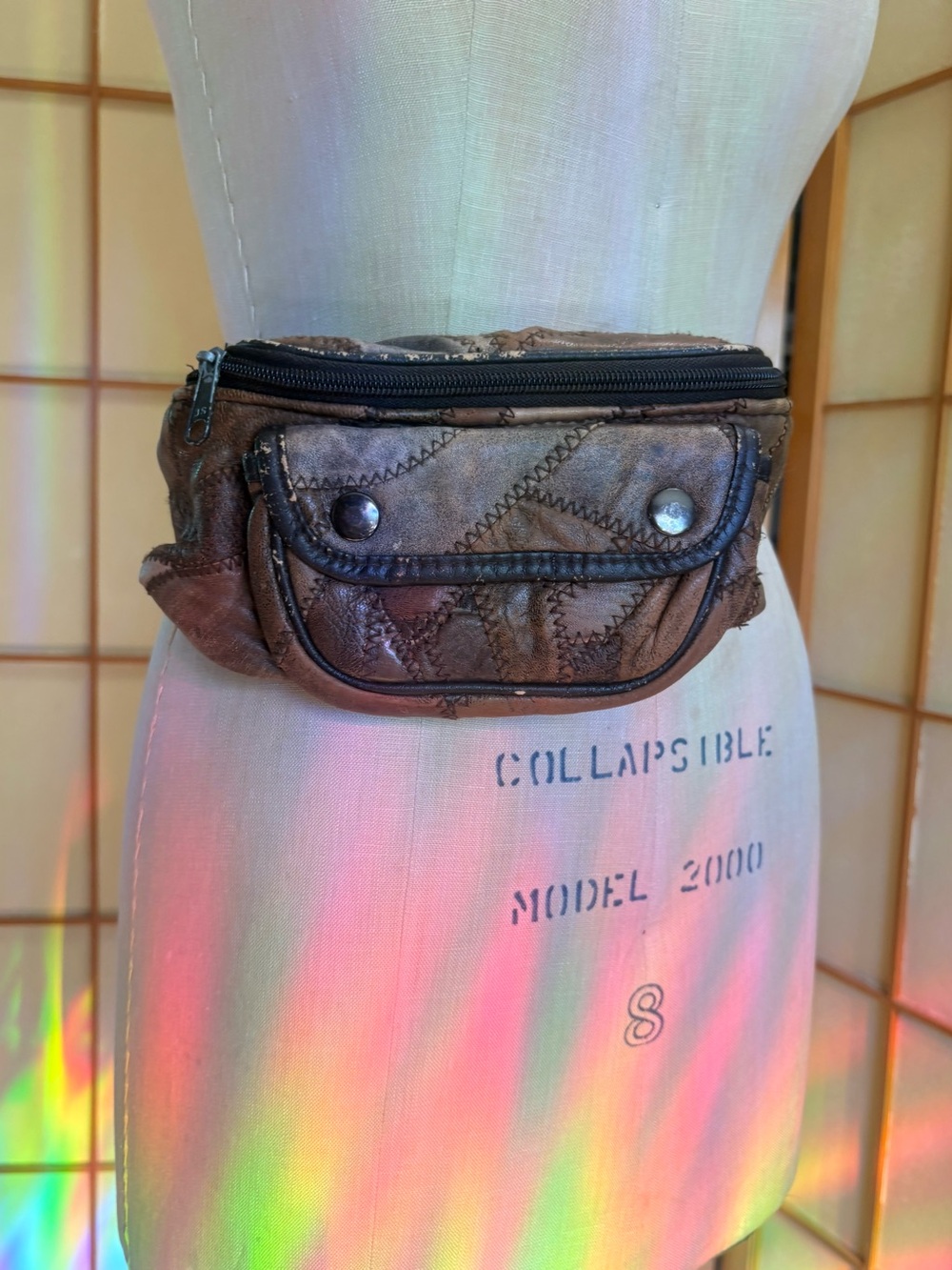 Vintage Patchwork Leather Fanny Pack Belt Bag Brown Distressed 80s 90s Festival